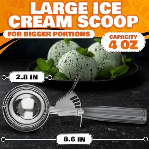 4 oz Large Ice Cream Scoop with Trigger Release #8 - Stainless Steel Cookie Scoop for Baking - Ice Cream & Cookie Dough, Comfort Grip Handle, Easy