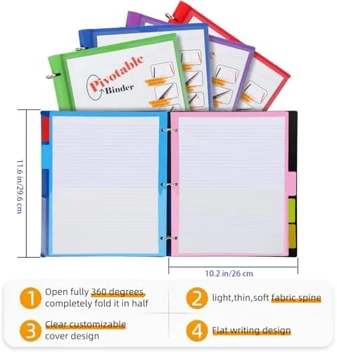 360° Pivotable Project Organizer Binder - 2 Pack Upgraded 3 Ring Binder with Colored Tab Dividers with Pockets, Customizable Cover Multi Pocket Folder