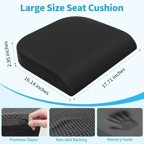 TranquilRelax Large Seat Cushion - Memory Foam Cushion for Long Sitting Hours on Office Chair, Car Seat, Non-Slip Chair Pad for Sciatica, Coccyx