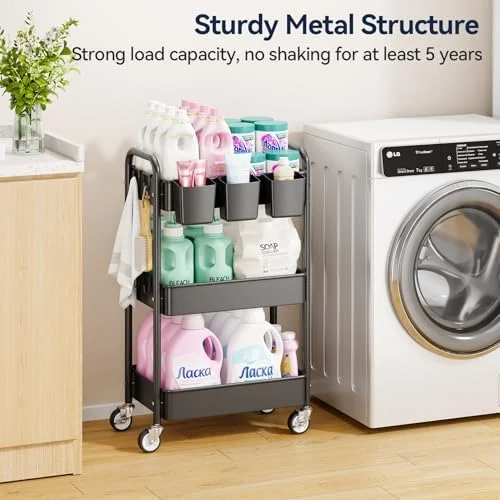 YASONIC 3 Tier Rolling Cart - Metal Utility Cart with Wheels, Hanging Cups, Hooks, Heavy Duty Mesh Rolling Storage Cart Organizer, Craft Cart for