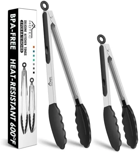 HOTEC Premium Stainless Steel Locking Kitchen Tongs with Silicon Tips, Set of 2-9" and 12"