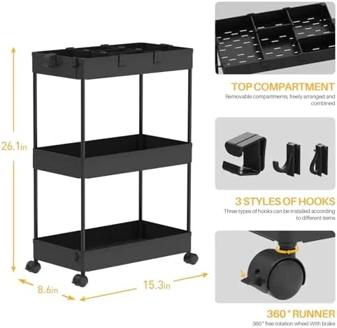 SPACELEAD 3 Tier Rolling Cart with Wheels - Storage Craft Art Trolley Organizer Serving, 3 Hanging Baskets Easy Assembly, for Office, Bathroom，Living