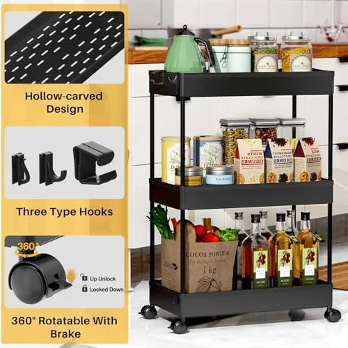 SPACELEAD 3 Tier Rolling Cart with Wheels - Storage Craft Art Trolley Organizer Serving, 3 Hanging Baskets Easy Assembly, for Office, Bathroom，Living