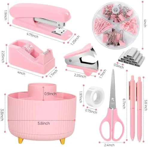 SKYDUE Pink Desk Accessories 10Pcs - Rotating Pen Holder for Desk, Stapler, Staple Remover, Tape Dispenser, 2pcs Tape Refills, Binder Paper Clips Kit