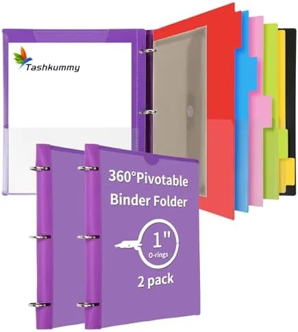 360° Pivotable Project Organizer Binder - 2 Pack Upgraded 3 Ring Binder with Colored Tab Dividers with Pockets, Customizable Cover Multi Pocket Folder
