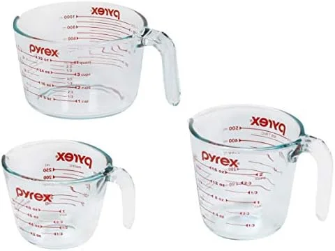 Pyrex Essentials (3-Pack) Glass Measuring Cups Set, (1, 2 & 4 Cup) Measuring Cups For Prepping, Baking and Cooking, Preheated Oven, Dishwasher