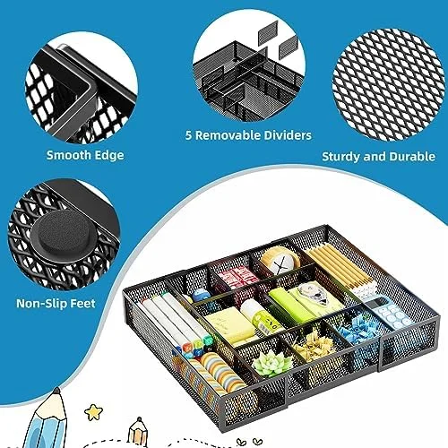 Marbrasse Expandable Desk Drawer Organizer, Mesh Drawer Organizer Tray with 10 Adjustable Compartments, Desk Organizers and Accessories, 5 Dividers