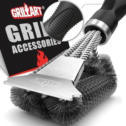 GRILLART Grill Brush and Scraper - Extra Strong BBQ Cleaner Accessories, Safe Wire Bristles Barbecue Triple Scrubbers Cleaning Brush for Gas/Charcoal