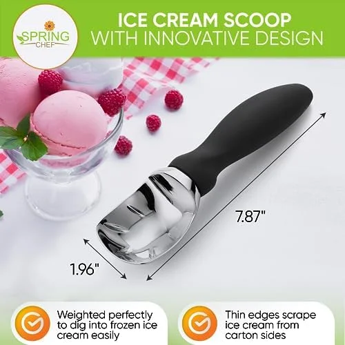 Spring Chef Heavy Duty Ice Cream Scoop with Comfortable Handle - Professional Ice Cream Scooper for Gelato - Sorbet, Cookie Dough, Melon, Frozen