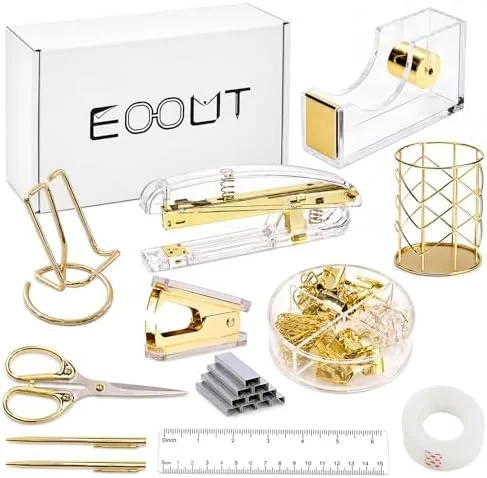 EOOUT Gold Office Supplies Set Desk Accessories - Acrylic Stapler Set Staple Remover, Phone Holder, Tape Holder, Pen Holder, 2 Ballpoint Pen, Scissor