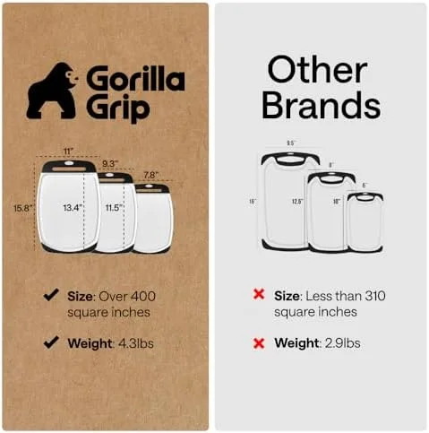 GORILLA GRIP BPA-Free Reversible Kitchen Cutting Board Set of 3, US Designed, Nonporous, Juice Grooves Catch Liquid, Slip Resistant Border