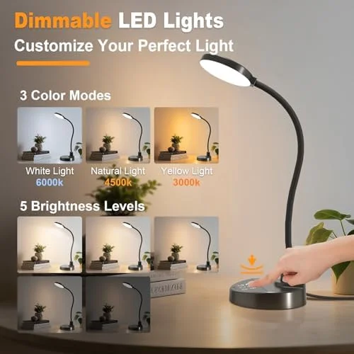 15W LED Desk Lamp with USB Charging Ports – Dimmable Table Lamp with 3 Color Temps, 5 Brightness, 4 Timers, Flexible Gooseneck Light with Base