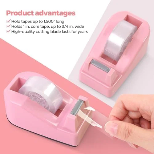 SKYDUE Pink Desk Accessories 10Pcs - Rotating Pen Holder for Desk, Stapler, Staple Remover, Tape Dispenser, 2pcs Tape Refills, Binder Paper Clips Kit