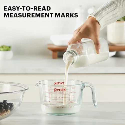 Pyrex Essentials (3-Pack) Glass Measuring Cups Set, (1, 2 & 4 Cup) Measuring Cups For Prepping, Baking and Cooking, Preheated Oven, Dishwasher