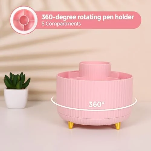 SKYDUE Pink Desk Accessories 10Pcs - Rotating Pen Holder for Desk, Stapler, Staple Remover, Tape Dispenser, 2pcs Tape Refills, Binder Paper Clips Kit