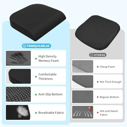 TranquilRelax Large Seat Cushion - Memory Foam Cushion for Long Sitting Hours on Office Chair, Car Seat, Non-Slip Chair Pad for Sciatica, Coccyx