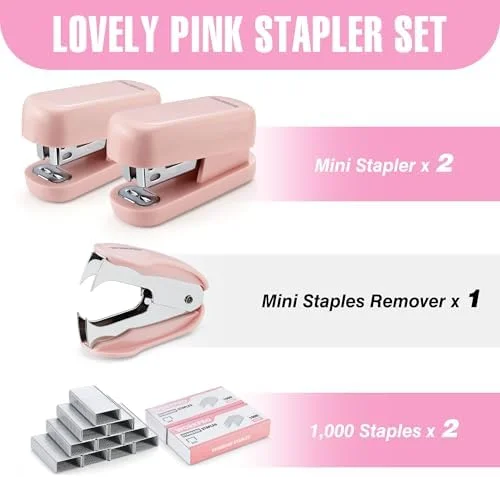 WORKPRO Mini Stapler with Staples - Pink Stapler Set Includes Two Small Staplers, One Staple Remover, 2000 Standard Staples - Cute Staplers for Desk
