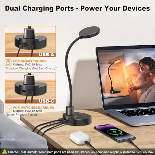 15W LED Desk Lamp with USB Charging Ports – Dimmable Table Lamp with 3 Color Temps, 5 Brightness, 4 Timers, Flexible Gooseneck Light with Base