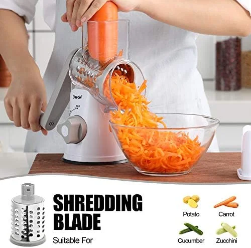 Geedel Rotary Cheese Grater - Kitchen Mandoline Vegetable Slicer with 3 Interchangeable Blades, Easy to Clean Rotary Grater Slicer for Fruit