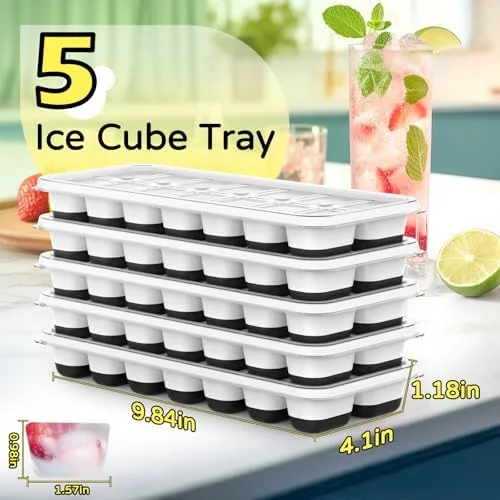 Ice Cube Tray 5 Pack, Stackable Silicone Ice Cube Trays with Lid– Easy Release Reusable Ice Tray, BPA-Free Rectangular Ice Cube Mold Set for
