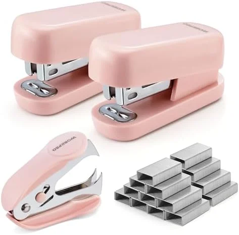 WORKPRO Mini Stapler with Staples - Pink Stapler Set Includes Two Small Staplers, One Staple Remover, 2000 Standard Staples - Cute Staplers for Desk