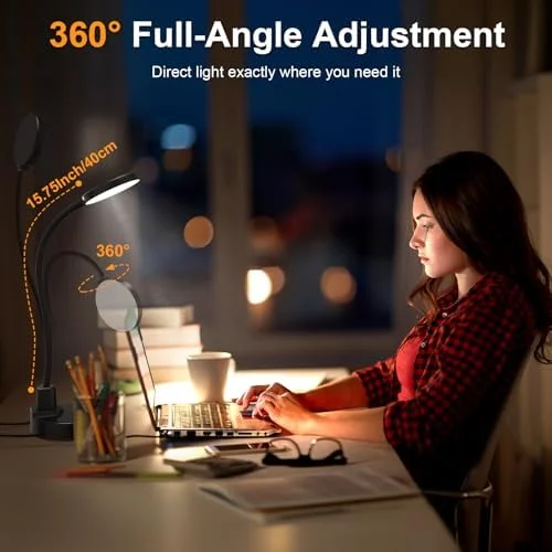 15W LED Desk Lamp with USB Charging Ports – Dimmable Table Lamp with 3 Color Temps, 5 Brightness, 4 Timers, Flexible Gooseneck Light with Base