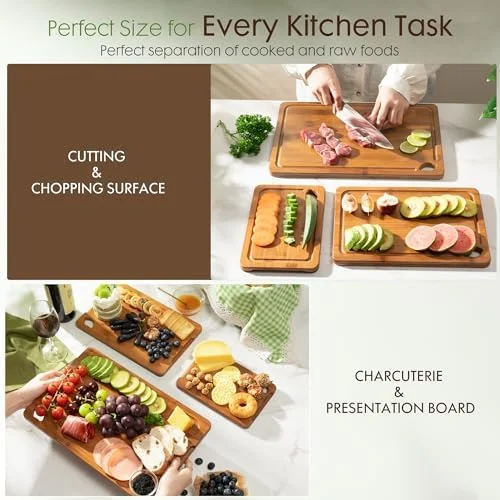 Astercook Deep-Carbonized Bamboo Cutting Boards for Kitchen with Wood Storage Stand, Reversible Charcuterie & Chopping Boards with Juice Grooves and