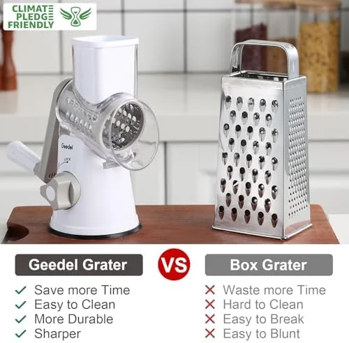 Geedel Rotary Cheese Grater - Kitchen Mandoline Vegetable Slicer with 3 Interchangeable Blades, Easy to Clean Rotary Grater Slicer for Fruit