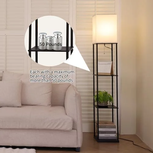Gupuzm Floor Lamp with Shelves, Modern Square Standing Lamp with 3 Color Temperature Bulb, Corner Display Bookshelf Lamp for Living Room, Bedroom and