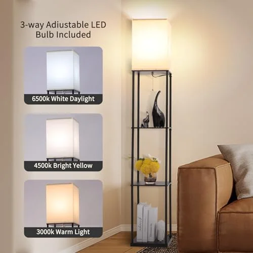 Gupuzm Floor Lamp with Shelves, Modern Square Standing Lamp with 3 Color Temperature Bulb, Corner Display Bookshelf Lamp for Living Room, Bedroom and