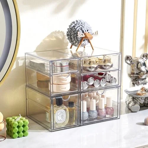 Prsildan Acrylic Drawer Makeup Organizer with 6 Drawers (Not for Baby Bottle) - Set of 2 Office Desk Organizers Accessories, Clear Stackable Storage