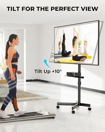 BONTEC Rolling TV Stand with Tilt - Mobile TV Stand Wheels for 23–65 Inch LED LCD TVs, Portable TV Cart with Adjustable Shelf for Living Room