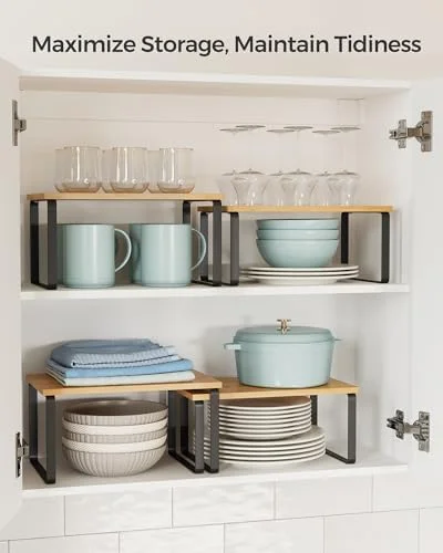 SONGMICS Cabinet Organizer Shelf - Set of 2 Kitchen Counter Shelves, Kitchen Storage, Spice Rack, Stackable, Expandable, Metal and Engineered Wood