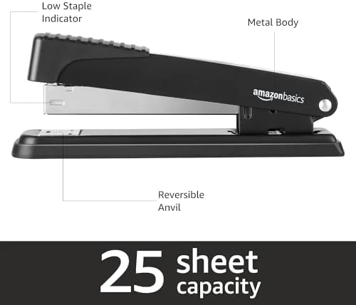 Amazon Basics Full-Strip Metal Office Desktop Stapler - 20 Sheet Capacity, Non-Slip, Black, 3-Pack