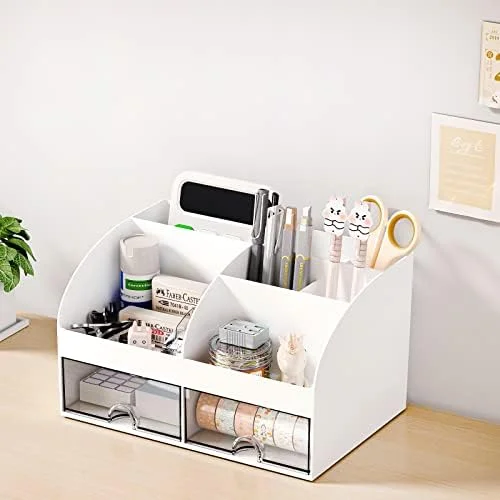 COMFYROOM Desk Organizer with 6 Compartments and 2 Drawers - Plastic Makeup Organizer, Pen Holder for Desktop Storage, Desk Organization for School