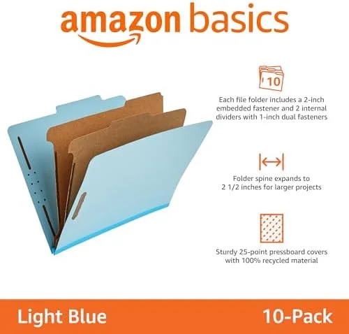 Amazon Basics Classification Folder with Prongs, 100% Recycled, 2 Dividers, 2" Embedded Fasteners, Letter Size, for Documents Organization, Light