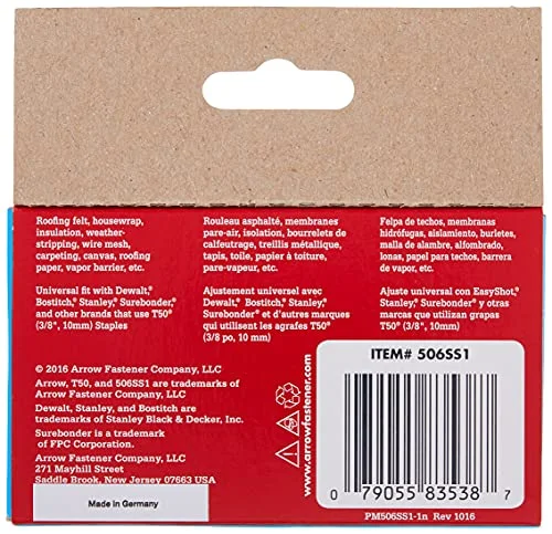 Arrow Fastener 506SS1 Heavy Duty T50 Stainless Steel Staples for Upholstery, Construction, Furniture, Crafts, 3/8-Inch Leg 3/8-Inch Crown Size