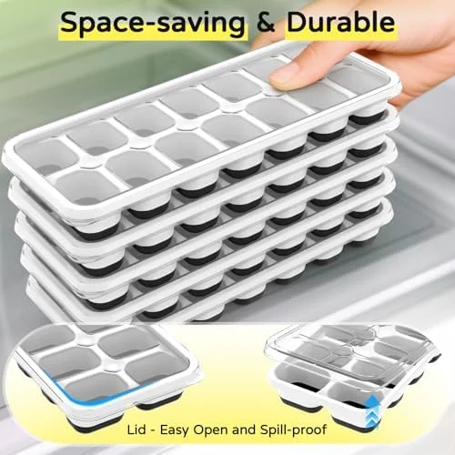 Ice Cube Tray 5 Pack, Stackable Silicone Ice Cube Trays with Lid– Easy Release Reusable Ice Tray, BPA-Free Rectangular Ice Cube Mold Set for
