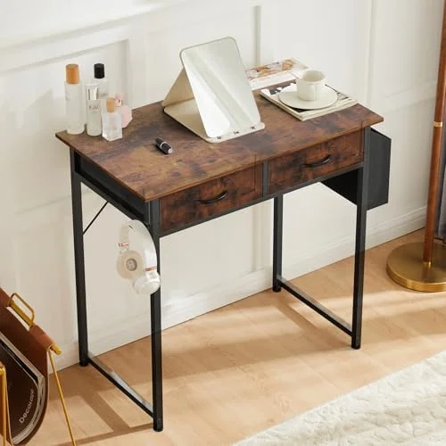 DUMOS 32" Home Office Computer Desk with Drawers - Small Gaming Writing Study Table with Storage Side Bag, Headphone Hook and Adjustable Feet for