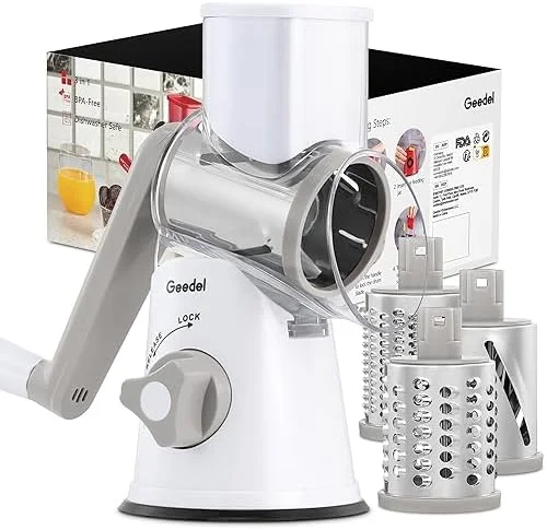 Geedel Rotary Cheese Grater - Kitchen Mandoline Vegetable Slicer with 3 Interchangeable Blades, Easy to Clean Rotary Grater Slicer for Fruit