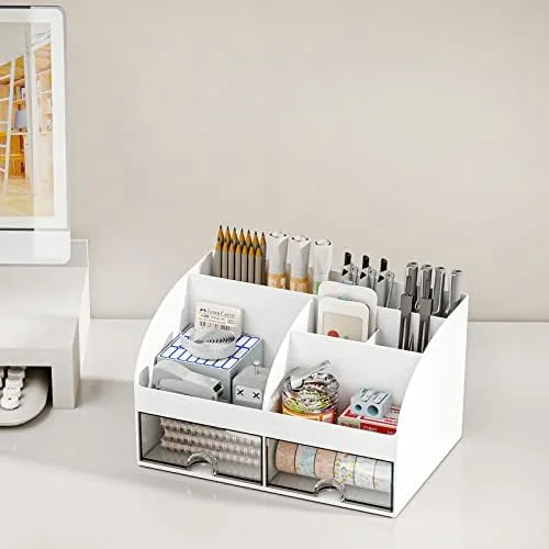COMFYROOM Desk Organizer with 6 Compartments and 2 Drawers - Plastic Makeup Organizer, Pen Holder for Desktop Storage, Desk Organization for School
