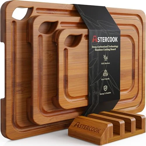 Astercook Deep-Carbonized Bamboo Cutting Boards for Kitchen with Wood Storage Stand, Reversible Charcuterie & Chopping Boards with Juice Grooves and