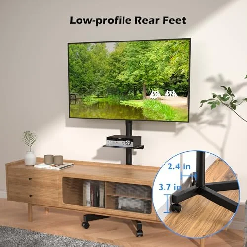 BONTEC Rolling TV Stand with Tilt - Mobile TV Stand Wheels for 23–65 Inch LED LCD TVs, Portable TV Cart with Adjustable Shelf for Living Room