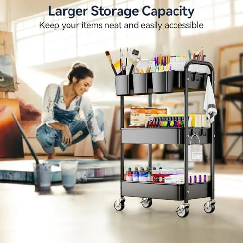 YASONIC 3 Tier Rolling Cart - Metal Utility Cart with Wheels, Hanging Cups, Hooks, Heavy Duty Mesh Rolling Storage Cart Organizer, Craft Cart for