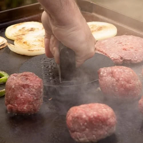 Cuisinart 6.5" Cast Iron Smashed Burger Press - Round Flat Edge Grill Press for Crispy Smash Burgers, Burger Tool for Grill and Griddle Accessories