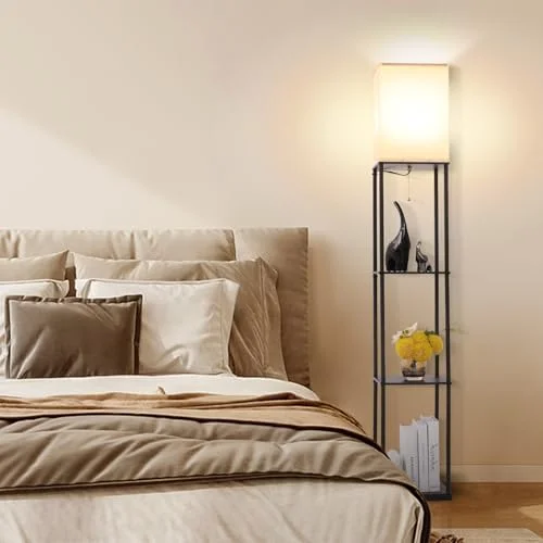 Gupuzm Floor Lamp with Shelves, Modern Square Standing Lamp with 3 Color Temperature Bulb, Corner Display Bookshelf Lamp for Living Room, Bedroom and
