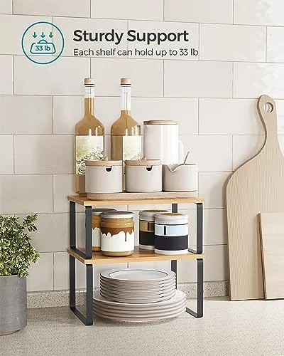 SONGMICS Cabinet Organizer Shelf - Set of 2 Kitchen Counter Shelves, Kitchen Storage, Spice Rack, Stackable, Expandable, Metal and Engineered Wood