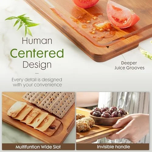 Astercook Deep-Carbonized Bamboo Cutting Boards for Kitchen with Wood Storage Stand, Reversible Charcuterie & Chopping Boards with Juice Grooves and