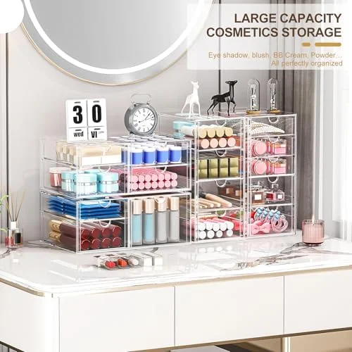 caktraie Makeup Organizer Storage With 16 Drawers, 4 Pcs Desktop Office Supplies, Desk Organizers, Clear Accessories, Dustproof Storage Drawer and