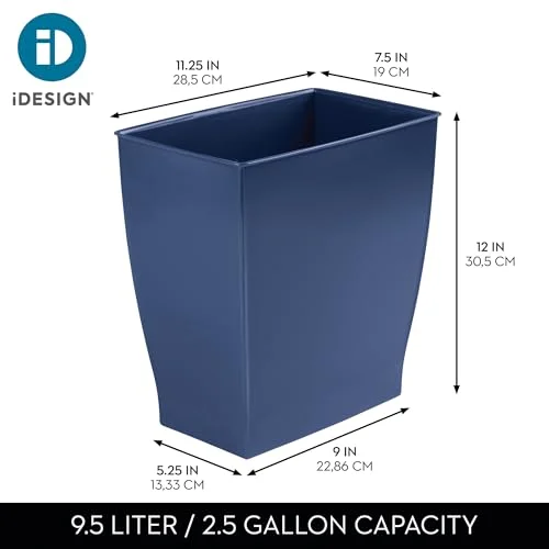 iDesign Small Plastic Bathroom Trash Can, Slim Rectangle Garbage Bin for Bedroom, Office, Dorm, Navy Blue